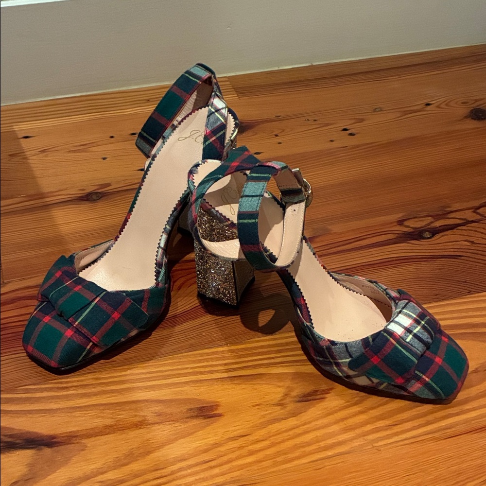 J. Crew Plaid Glitter Block Heel